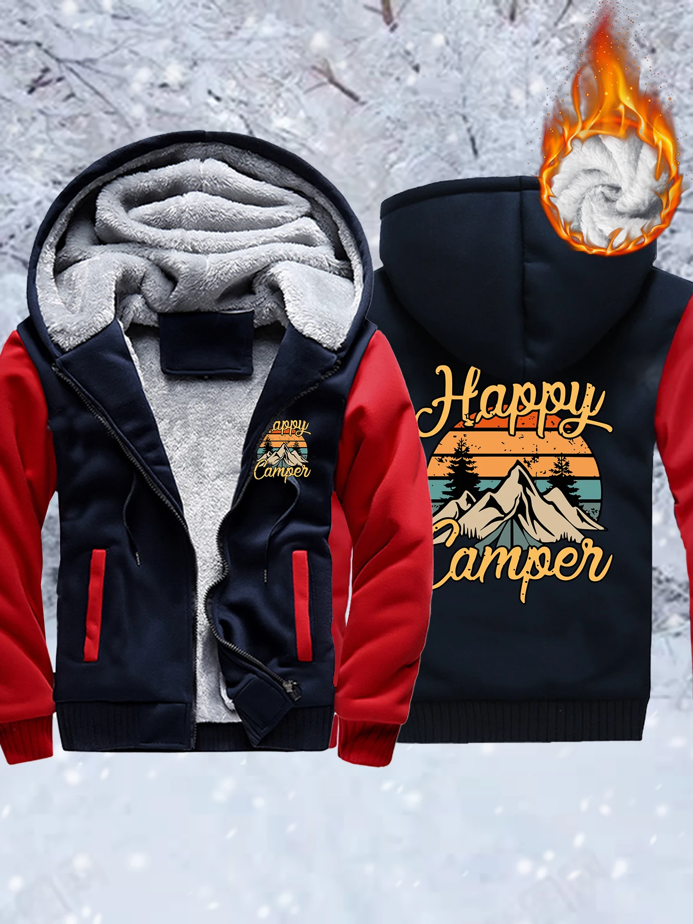 

Утепленная куртка Happy Camper Mountain с узором, мужские свободные пальто на молнии, повседневная флисовая уличная одежда, зимние толстовки унисекс с карманами