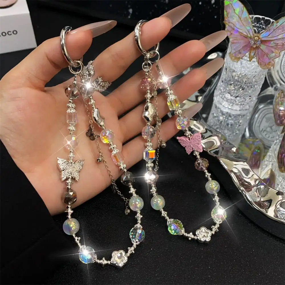 

Glitter Crystal Beaded Butterfly Phone Chain Transparent Colorful Wrist Crystal Chain Detachable Bag Pendant for Women Girls