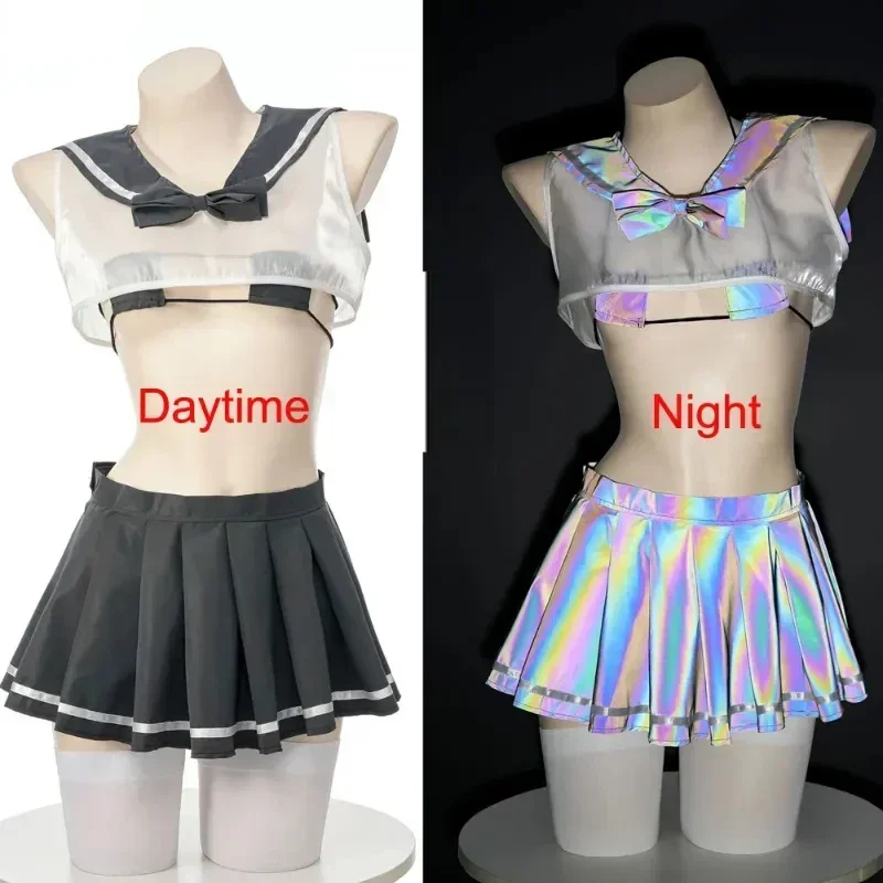 Anime Transparent Sexy JK Uniform Girl Women Cosplay Glow Sailor Suit Night Luminous Bikini Top Skirt Suit Costume Lingerie Set