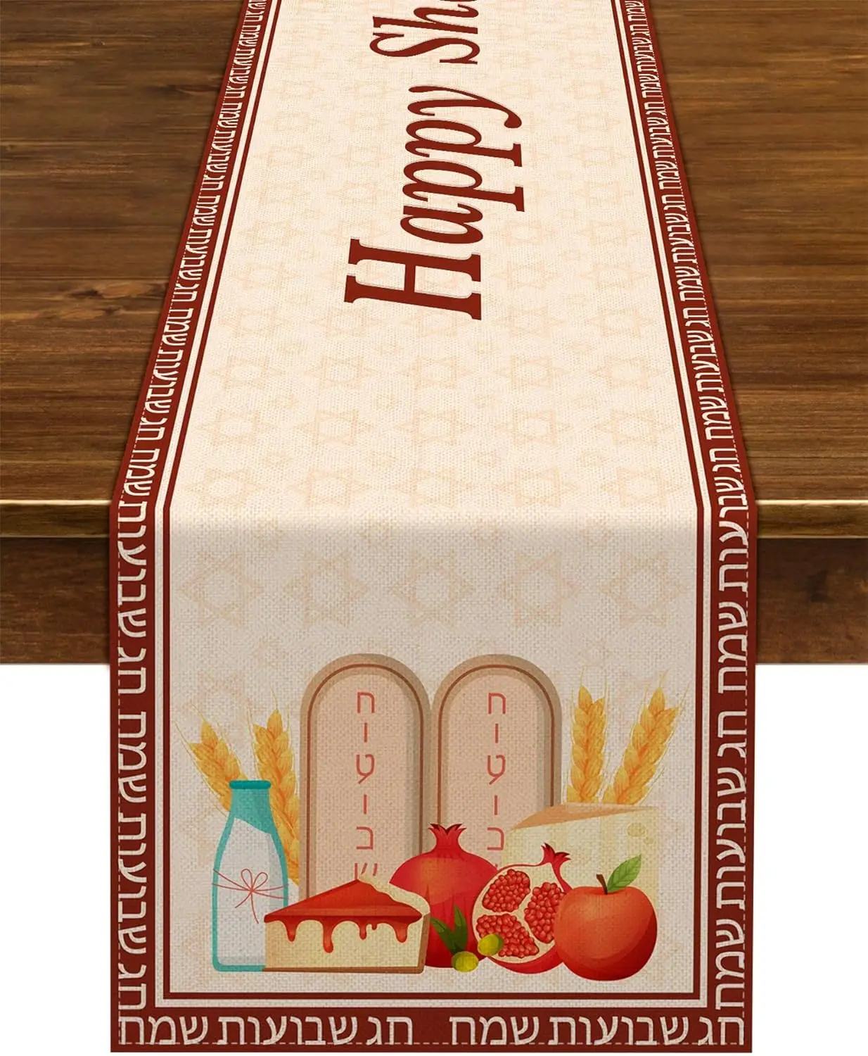 

Happy Shavuot Linen Table Runner Jewish Festival Table Decor Fig Garnet Grape Wreath of Malt Table Runners Holiday Party Decor