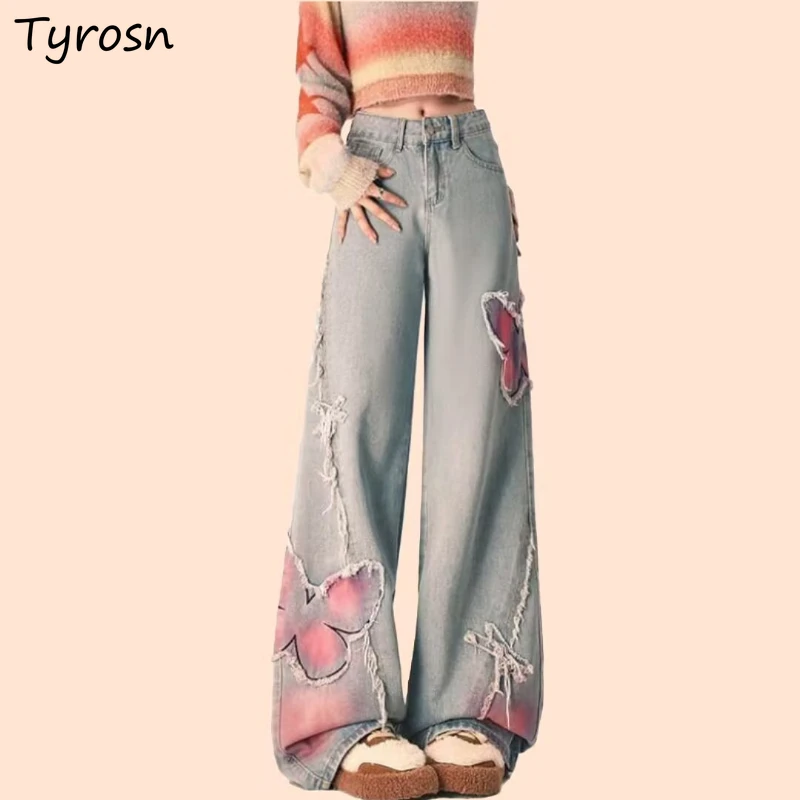 High Waist Wide Leg Jeans Women Embroidery Panelled Patchwork Fur-lined Design Sense Sweet Cool Girls Streetwear Spring Autumn