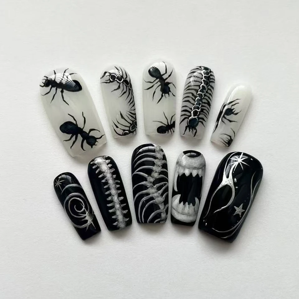 24 Piezas Uñas Postizas Estilo Thriller con Patrón de Insectos Halloween, Punk Negro Ballet Decoración de Arte de Uñas