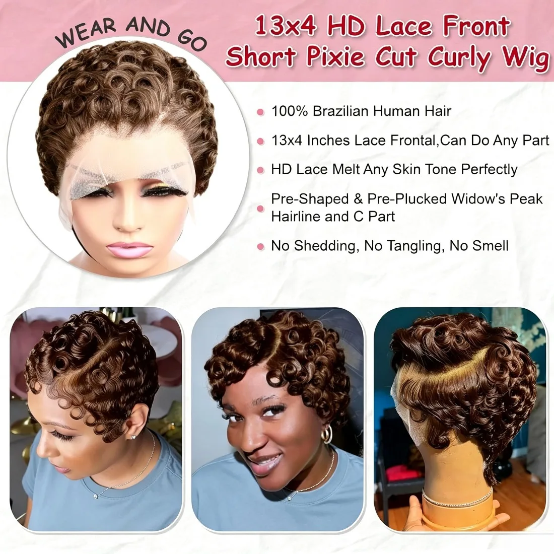 Chocolate Brown Curly Wavy Pixie Cut Wig 13x4 HD Lace Frontal Glueless Wigs 100% Human Hair Wigs Pre Plucked Deep Wave Pixie Cut