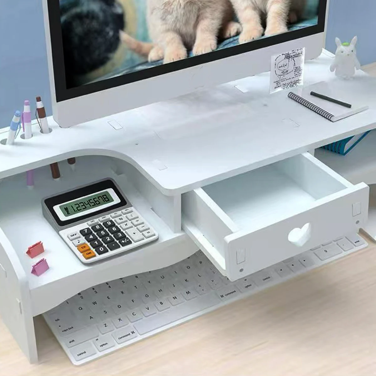 白いモニタースタンドライザー（引き出し＆ペンホルダー付き）、コンピューター、ラップトップ、オフィス用品用デスクオーガナイザー