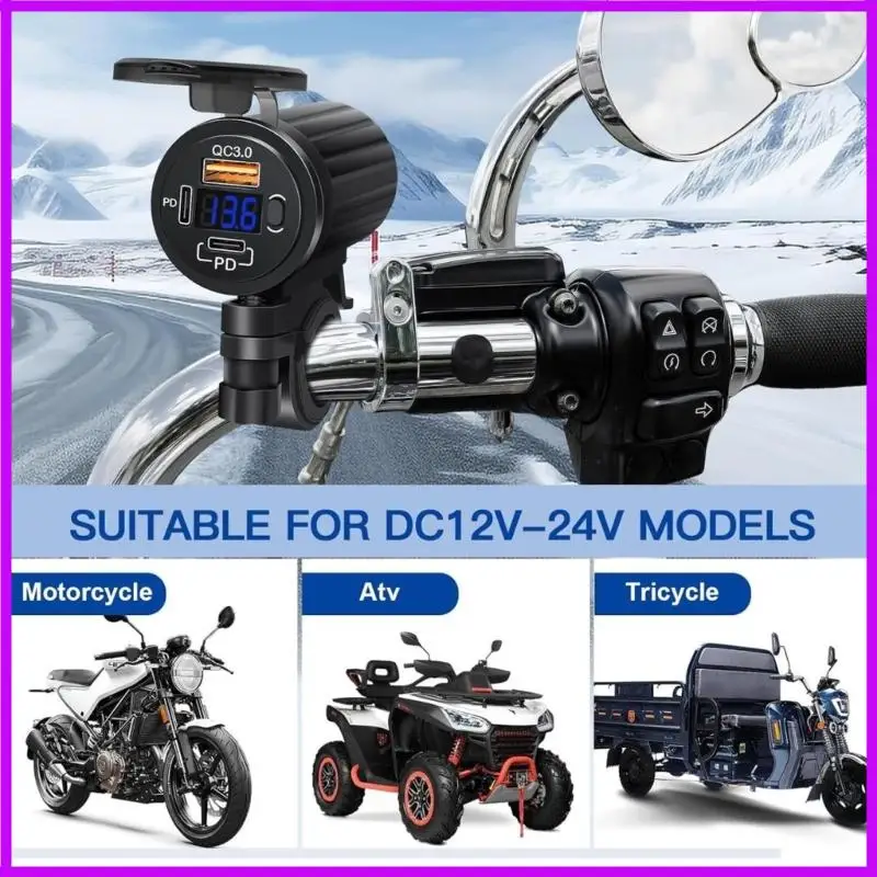 R9CC Motorcycle Bar-Mount USB Outlet with Display, 3 Front Ports for Device Power, Battery View, and Long Road Miles