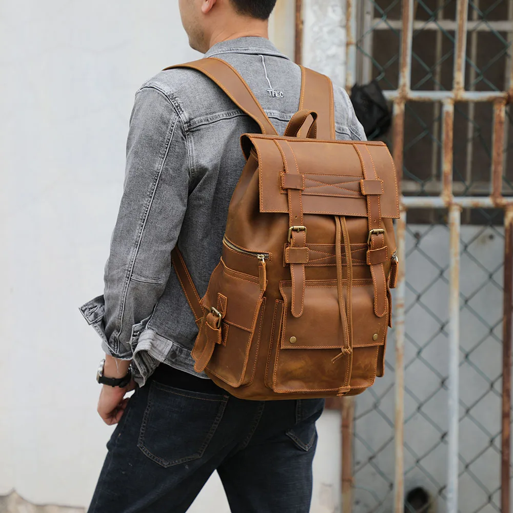 S.WORKER Vintage Echtleder Herrenrucksack Laptop-Tasche Casual Crazy-Horse Leder Schultasche Outdoor Reise-Weekender-Tasche – Detail 4