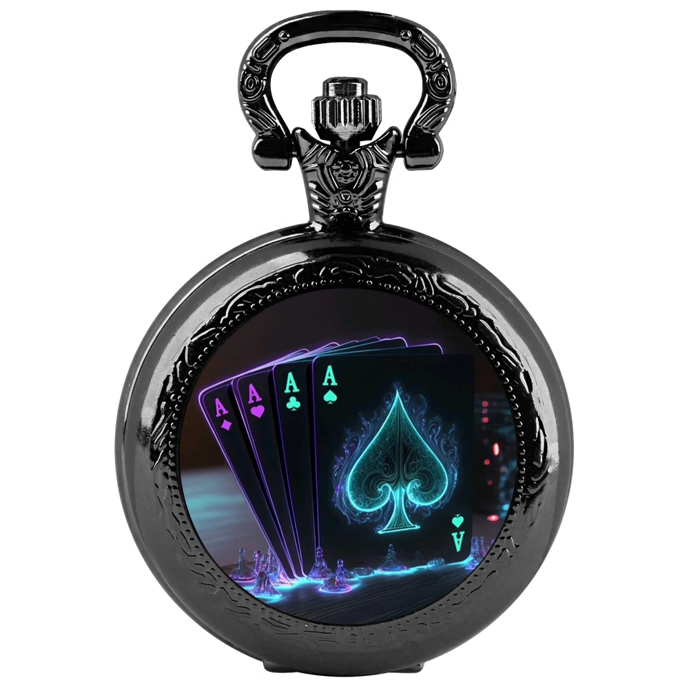 Playing card pattern glass face quartz pocket watch - fashionable men's and women's personalized pocket clock gift