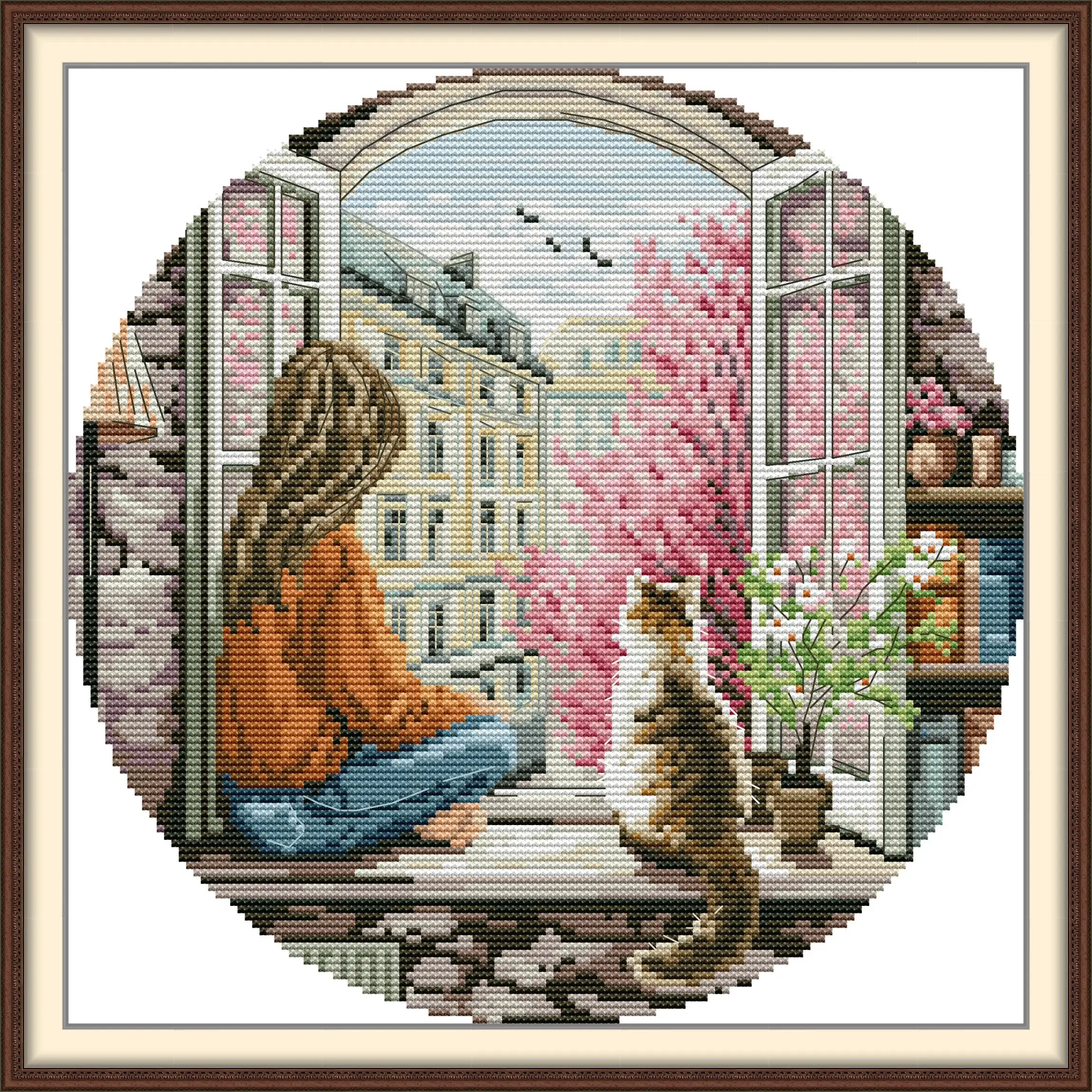 

Joy Sunday Pre-printed Cross Stitch Kit Easy Pattern Aida Stamped Fabric Embroidery Set-Spring Window Display - Girl