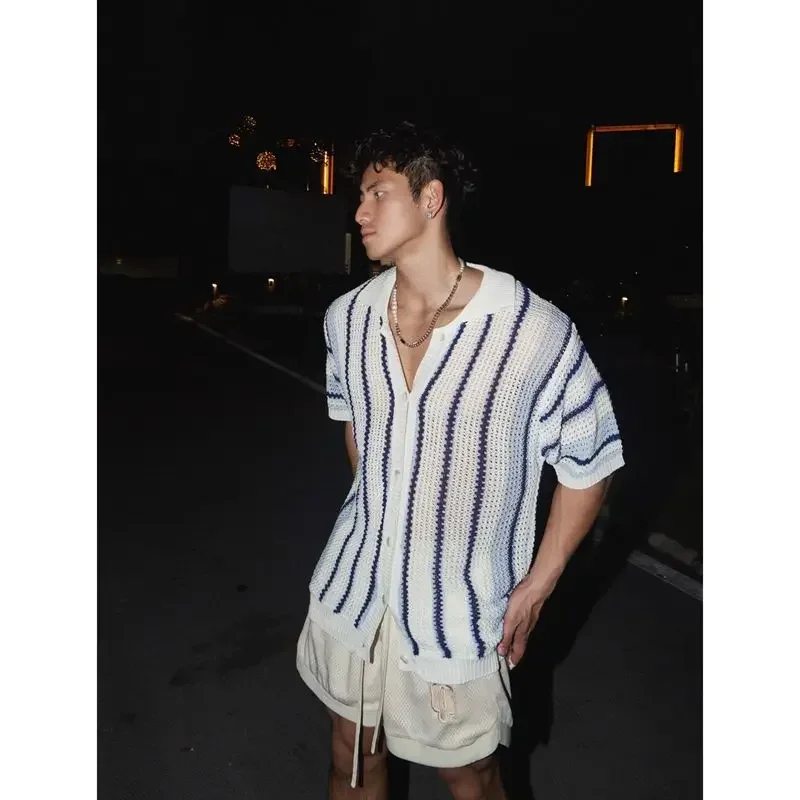 2025American Style Summer Island Vacation Beach Stripe Open Cardigan Short Sleeve Men's Summer Ice Silk Hollow Loose Short Sleev