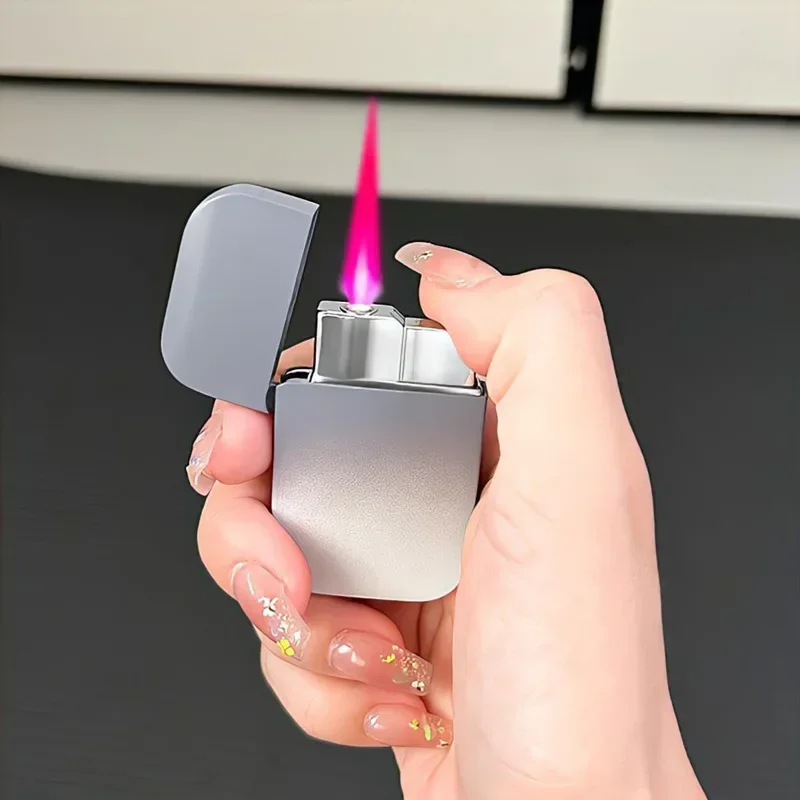 Cute Pink Flame Inflatable Lighter for Girls Windproof Metal Gradient Gas Lighter Cigarette Cigar Lighter Gadget for Man