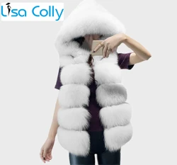 Lisa Colly Women Winter Casual Coat Overcoat Warm Hooded Stripe Medium Long Faux Fox Fur Vest Jacket