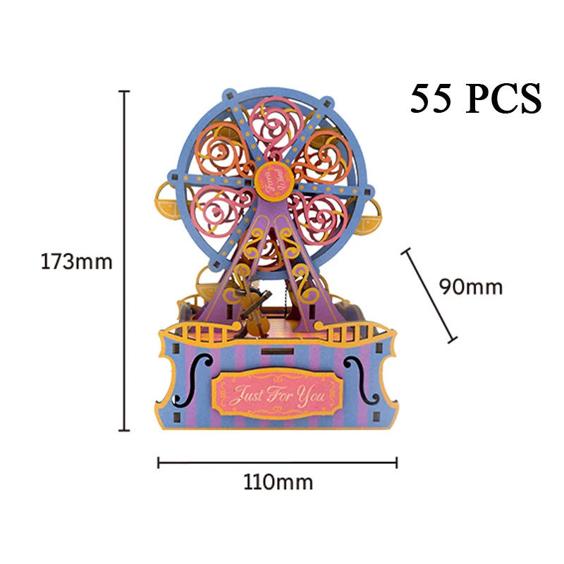 DIY 3D 나무 관람차 뮤직박스 미니어처 모델 키트, 동물 직소 퍼즐, 어린이 생일 선물, 홈 데코, 움직일 수 있음