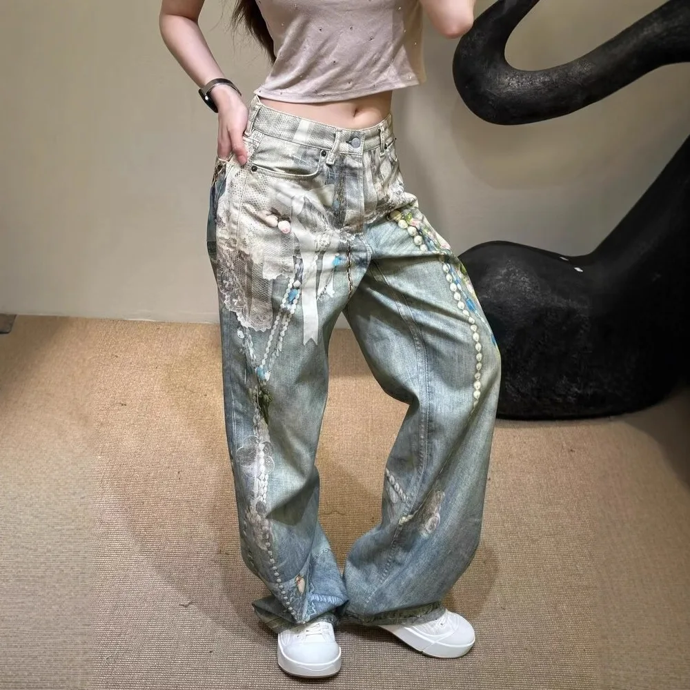 Women Jeans 2026 Autumn New 3D Printed Heavy Lace Pearl Pattern Curved Straight Leg Denim Long Pants For Women