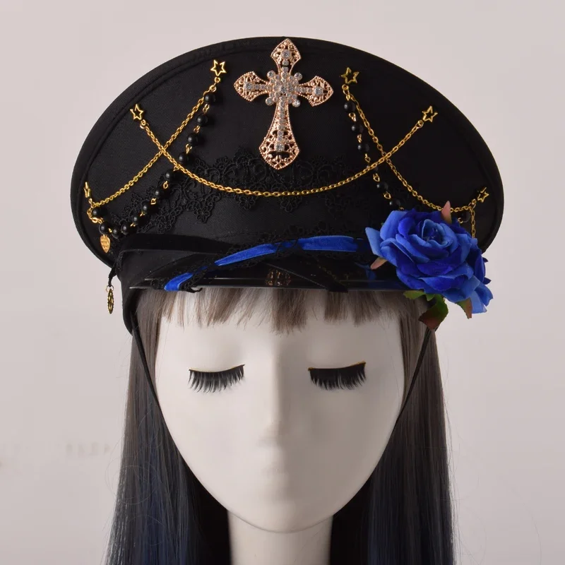 Chapeau militaire Lolita gothique pour femme, casquette femme, croix noire, marin, capitaine, plat, steampunk