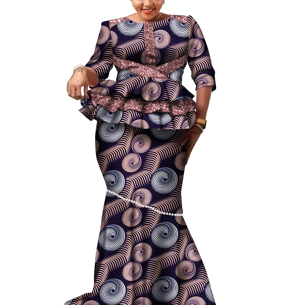 

Африканские комплекты топов и юбок с длинными рукавами и принтом для женщин Bazin Riche Африканская одежда Комплект из двух предметов с юбкой Peals Customize WY6113