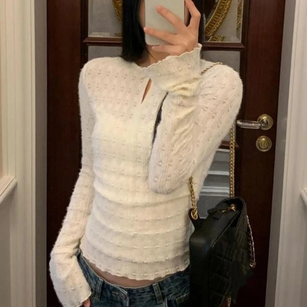 

Korean Style Sweet Long Sleeve T-shirt Bell Sleeves Chic Knitwear Women Bottoming Shirt Slim Fit Pullover Autumn