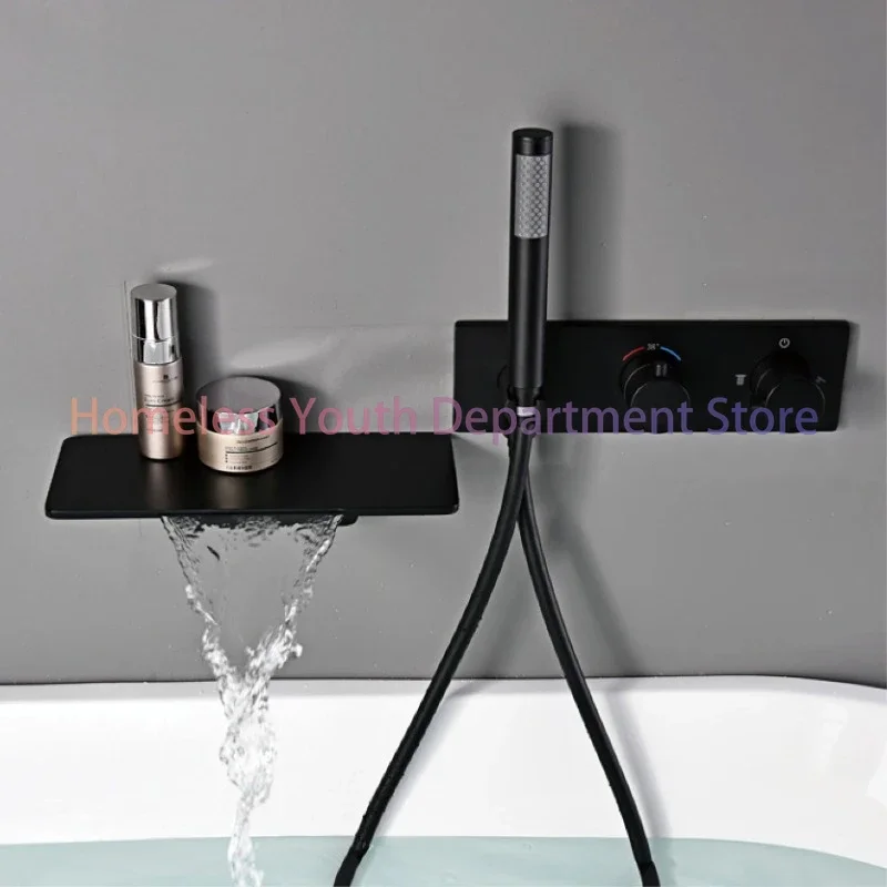 Light luxury brass thermostatic Gun gray bathroom faucet Wall-mounted design Double handle  Cold & Hot dual-control bathtub Tap