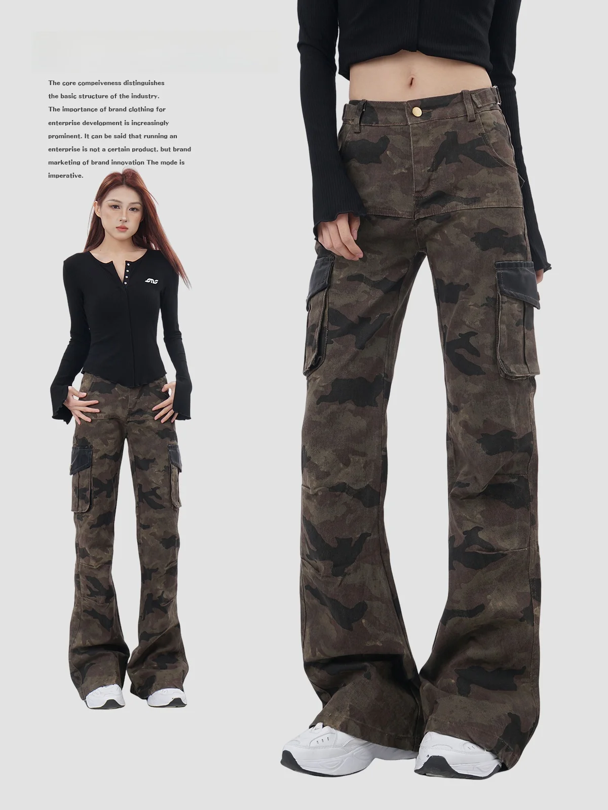 

American Street Sle Camouflage Work Pants Women Low Waist Slimming Sexy Straight Leg Micro Flared Casual Trousers