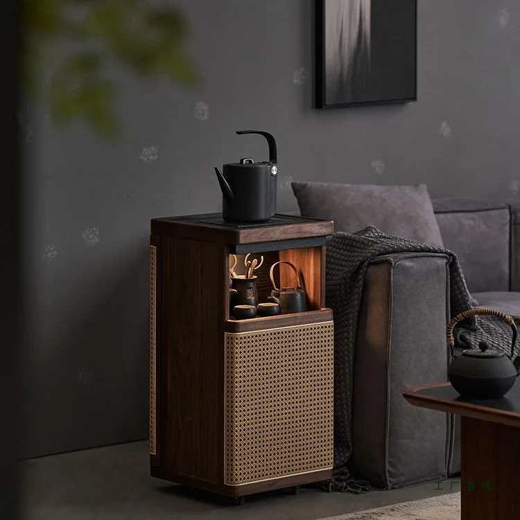 Solid wood mobile tea cabinet small living room office black walnut tea table side cabinet kettle integrated tea table