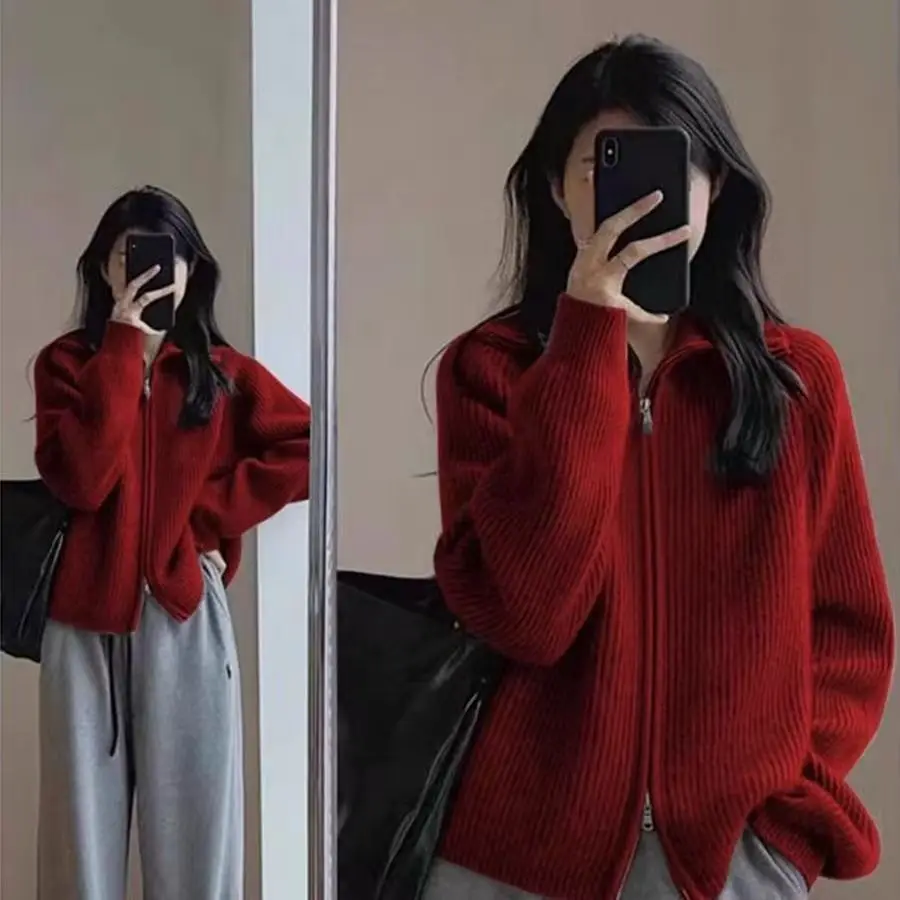 

Autumn Fashion New Solid Color Zipper Knitting Shirt Women Classic Long Sleeve Coat Square Collar Loose Korean Lady Sweater 2024