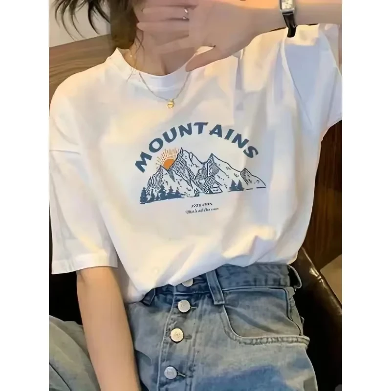 

Casual Soft Harajuku Trendy T-Shirt Women's Clothing T-shirt A Continuous and Undulating Mountain Peak Fashion Oversize Top Tees
