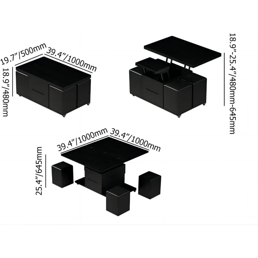 Table basse noire à élévateur avec rangement GNE, table basse moderne multifonctionnelle 3 en 1 avec 4 roulettes verrouillables