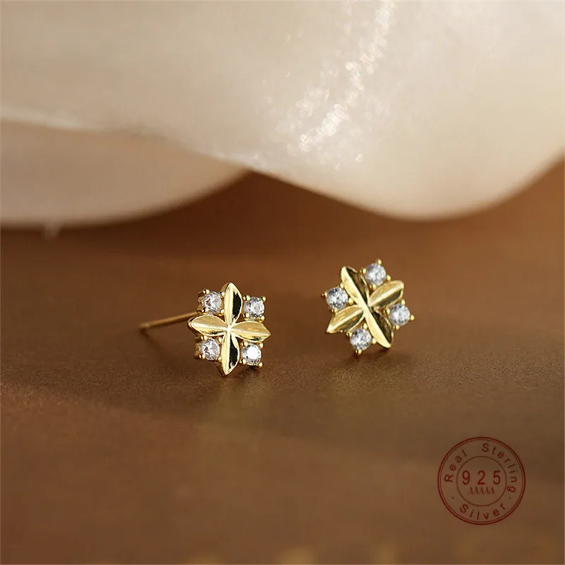 Korean Lucky Four petal Grass Zircon Stud Earrings Women 925 Sterling Silver Creative Charm Student Hip Hop Jewelry