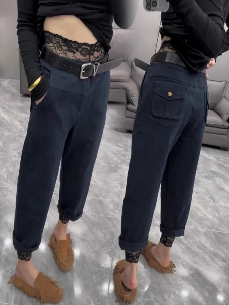 

Осенние джинсы с высокой талией, новинка 2025 года, универсальные прямые брюки, женские модные повседневные свободные джинсовые шаровары больших размеров, верхняя одежда