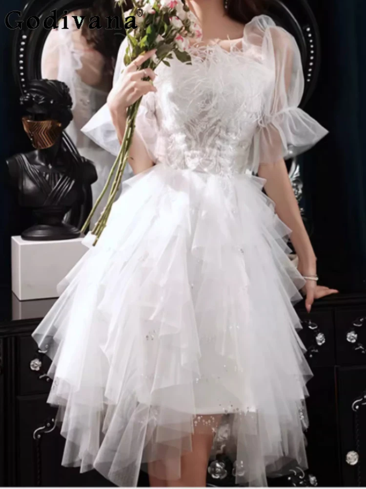 

Elegant Female Birthday White Slash Neck Engagement Evening Dress Temperament Vintage High Waist A-line Romantic Short Dresses