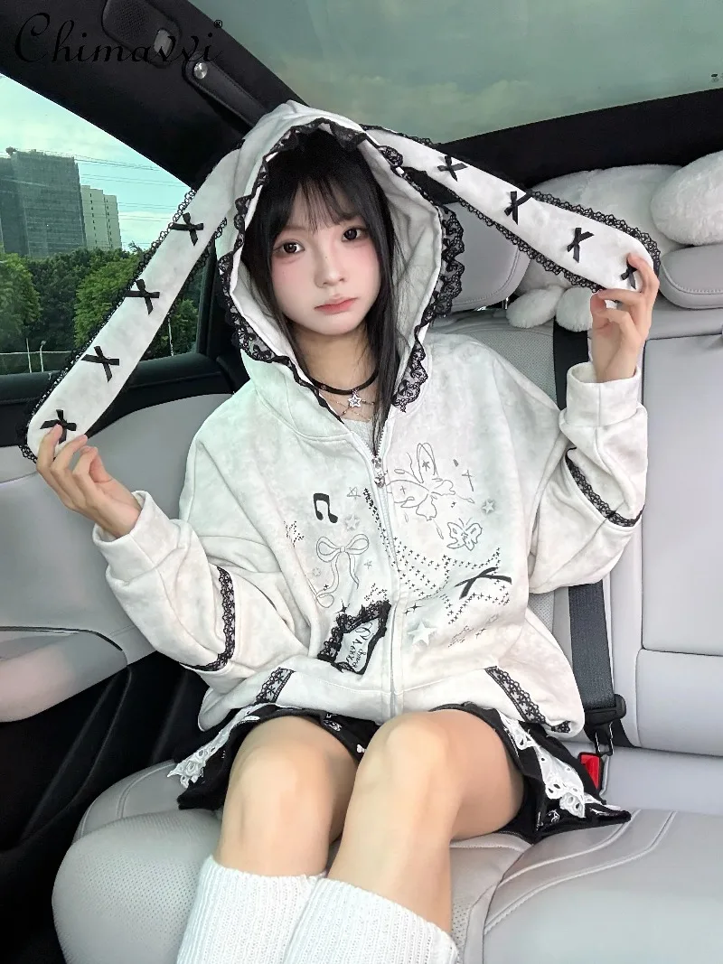 Original Retro Lace Trim Rabbit Ear Hooded Jacket 2025 Autumn Clothes New Sweet Girl Kawaii Loose Womens Sweatshirt Coat