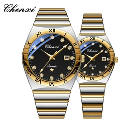 CHENXI-Montre à quartz de luxe pour couple, acier inoxydable doré, montre-bracelet pour femme, haute qualité, montre décontractée étanche pour homme, cadeau pour femme