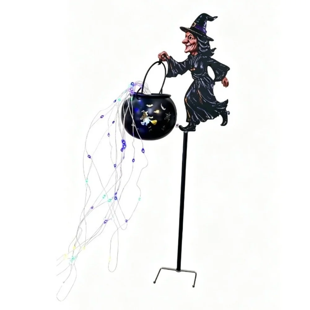 Solar Powered Halloween Witch Cauldron Light Featuring Purple Green Yellow Orange LEDs for Garden Porch Display
