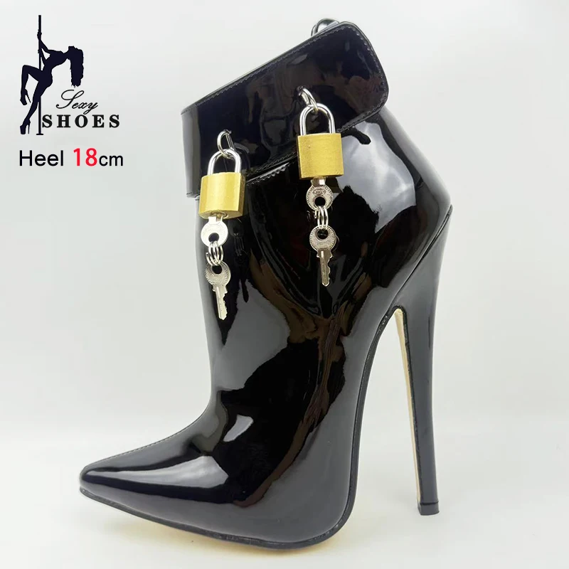 

New Women Sexy Belt Buckle Lockable Pointed Boots Stiletto Shoes For Female 18CM Ultra high heels Glossy PU Leather Short Boots