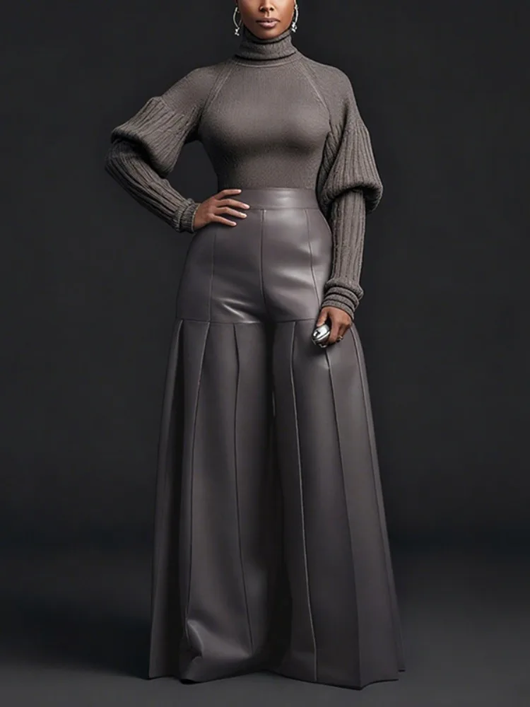 UOOZEE Women's Faux Leather Pleated Wide Leg Pants Solid Color High Waist Oversized Trousers Club Party Night Out Bottoms 2026 view 2