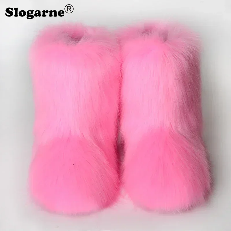 Women\'s Winter Faux Fox Fur Boots Outdoor Luxury Furry Snow Boots Woman Plush Warm Platform Shoes New Fashion Bottes Big Size 44