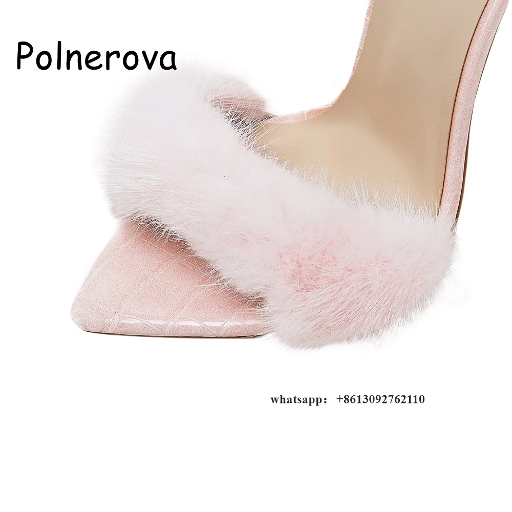 Black Pointed Toe Slippers with Fur Women Summer Sexy  One Belt Word Solid Fluff Shoes Lady Party Casual  High Heels Sweet Shoes