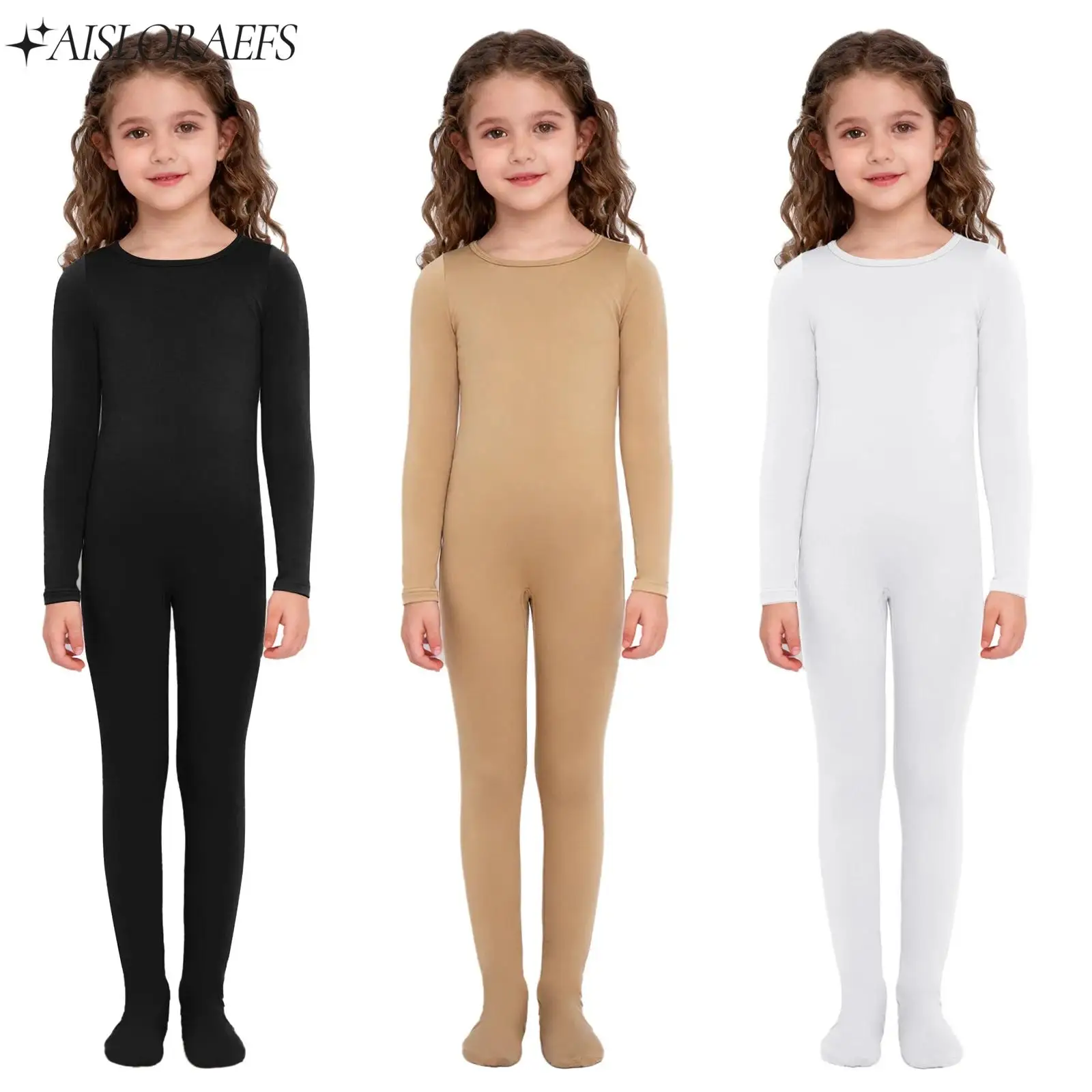

Girls Gymnastics Ballet Dance Figure Skating Footed Jumpsuit Long Sleeve Solid Color Bodysuit for Practice Warm-Up Training Wear