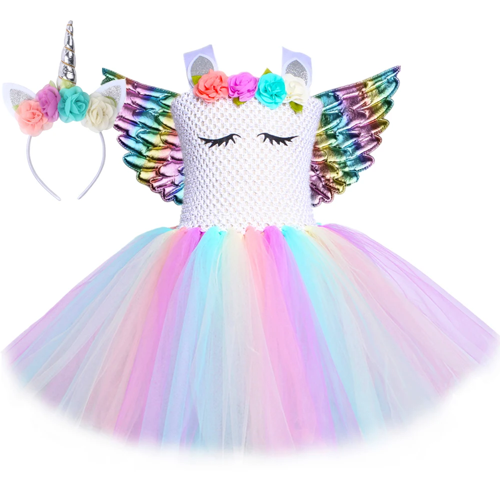 Girls Princess Unicorn Tutu Dress Outfit Pastel Flowers Baby Girl Birthday Party Dresses Tulle Kids Halloween Cosplay Costumes