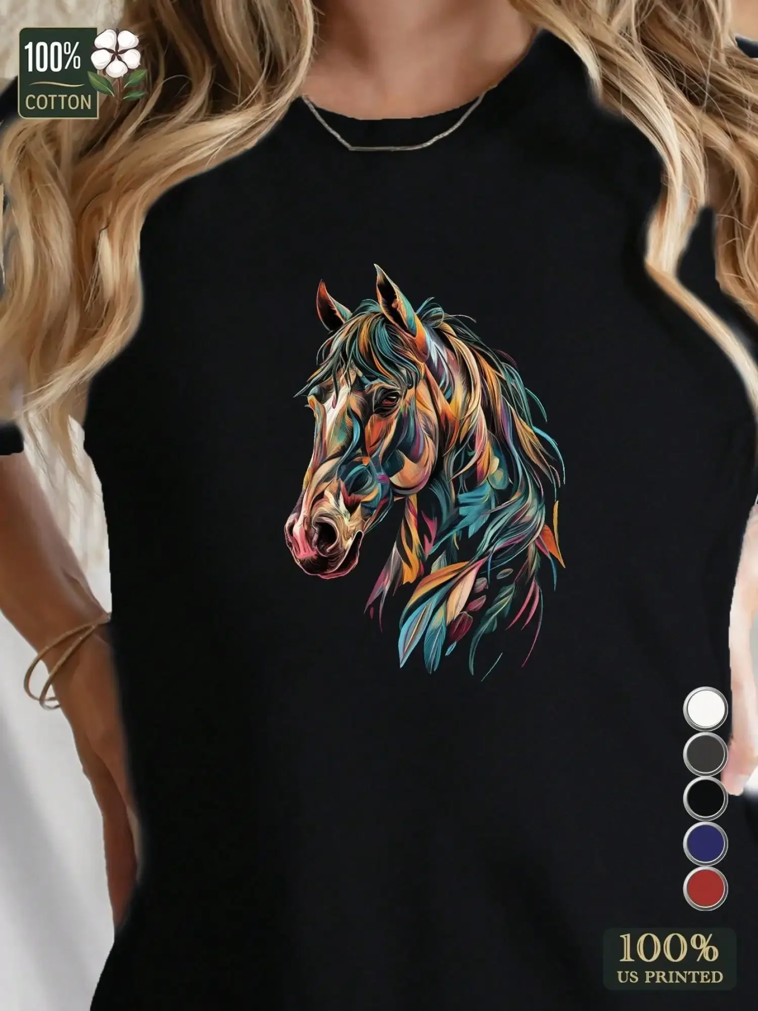تي شيرت نسائي ناعم بطبعة حصان تجريدية نابضة بالحياة - أكمام قصيرة، رقبة دائرية، مقاس مريح وكاجوال