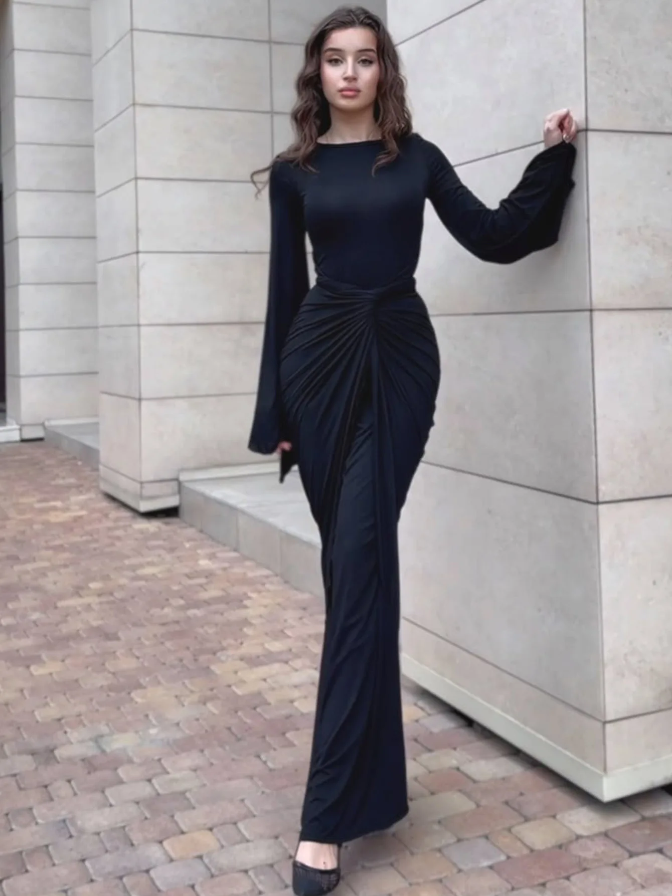 Robe mi-longue froncée pour femmes, élégante, coupe cintrée, Chic, plissée, taille cravate, manches longues, décontractée, Vintage, style Boho, robe de bureau