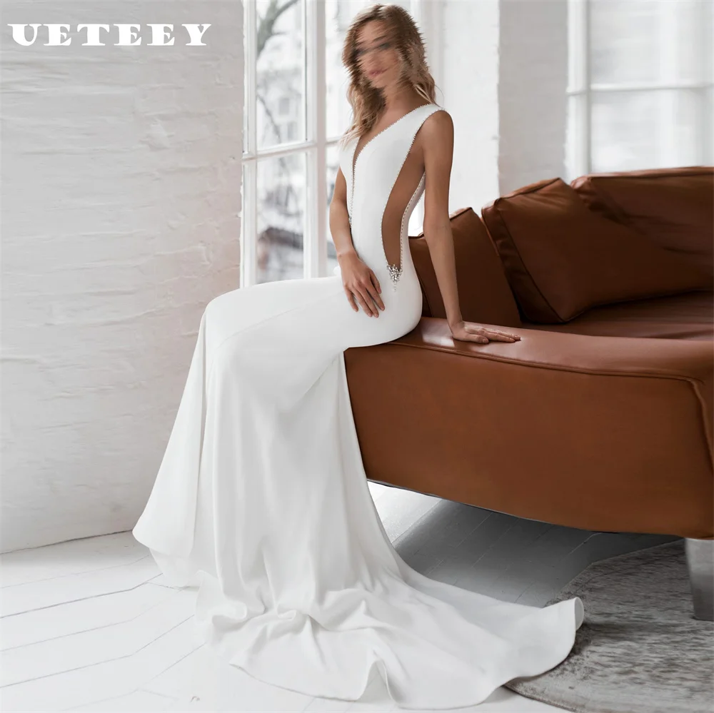 UETEEY Customized Simple Sleeveless Cut Out V Neck Crepe Mermaid Wedding Dress Sexy Illusion Open Back Court Train Bridal Gown