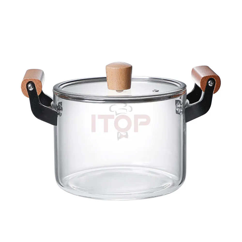 

Promotional Borosilicate Clear Glass With Wooden Handle Large Capacity Cookware Cooking Noodle Sauce Soup & Stock Pots