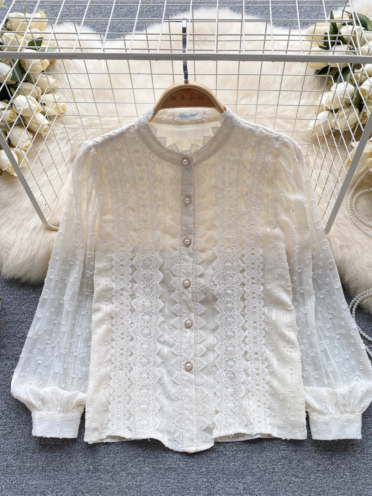 Faionable Lace irt Donna Slim Fit Primavera Autunno 2023 Bubble Sve Colletto alla coreana Strato base sottile Top Coreano Sle