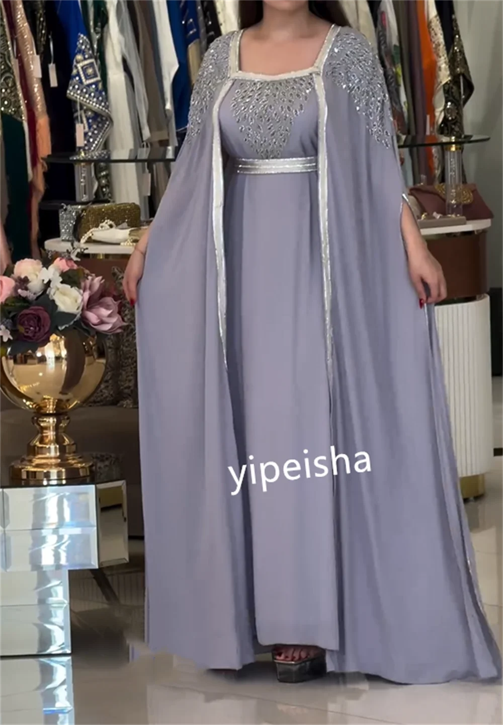 Vestido Midi de gasa con lentejuelas para fiesta, traje recto con cuello cuadrado, a medida