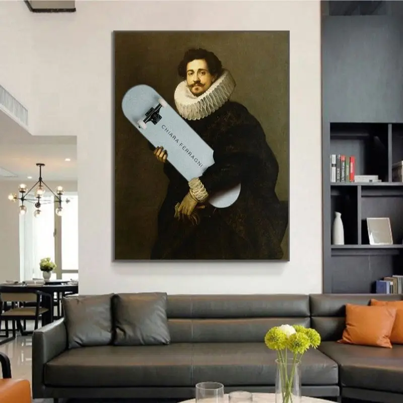 Funny Art Home Wall Decoration Picture Room Living Famous Medieval Ltalian Aristocrat Likes Skateboard Canvas Painting Posters