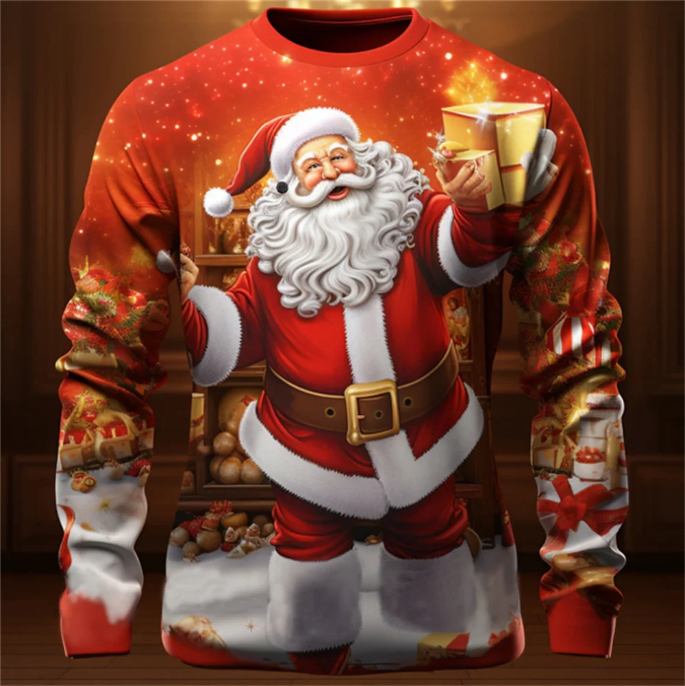Christmas T-Shirts For Mens Print Cotton Long Sleeve Santa T Shirt Overzied Clothes Streetwear Casual Top Tee Shirt Men Clothing