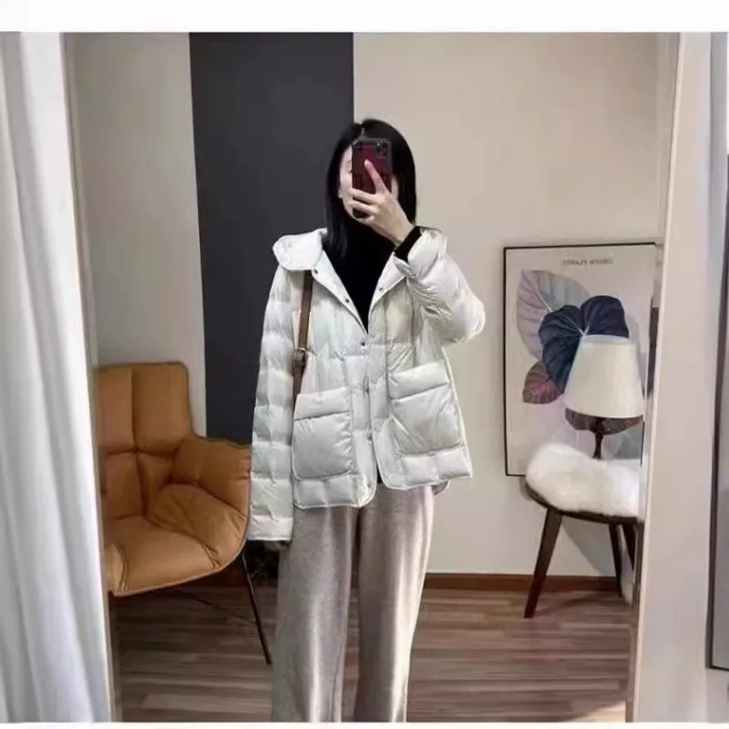 2024 Winter Women 90% White Duck Down Coat Female Stand Collar Single-Breasted Puffer Jacket Casual Loose Hooded Parkas