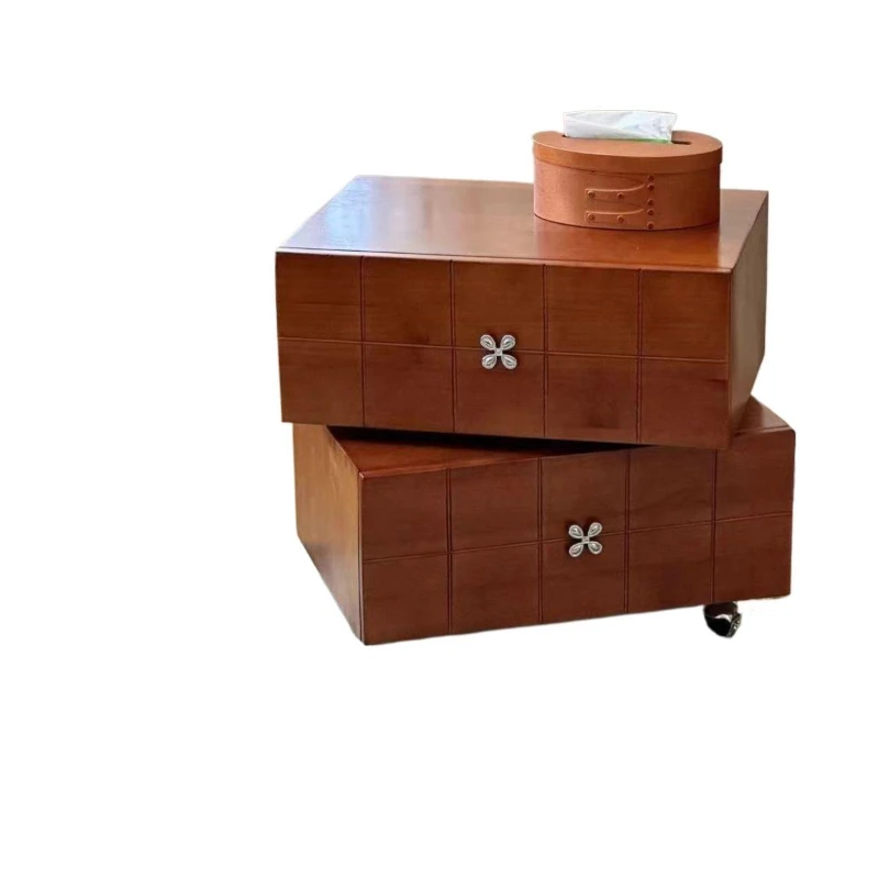 

Retro rotatable bedside table solid wood creative antique cabinet drawer storage removable bedside with wheels