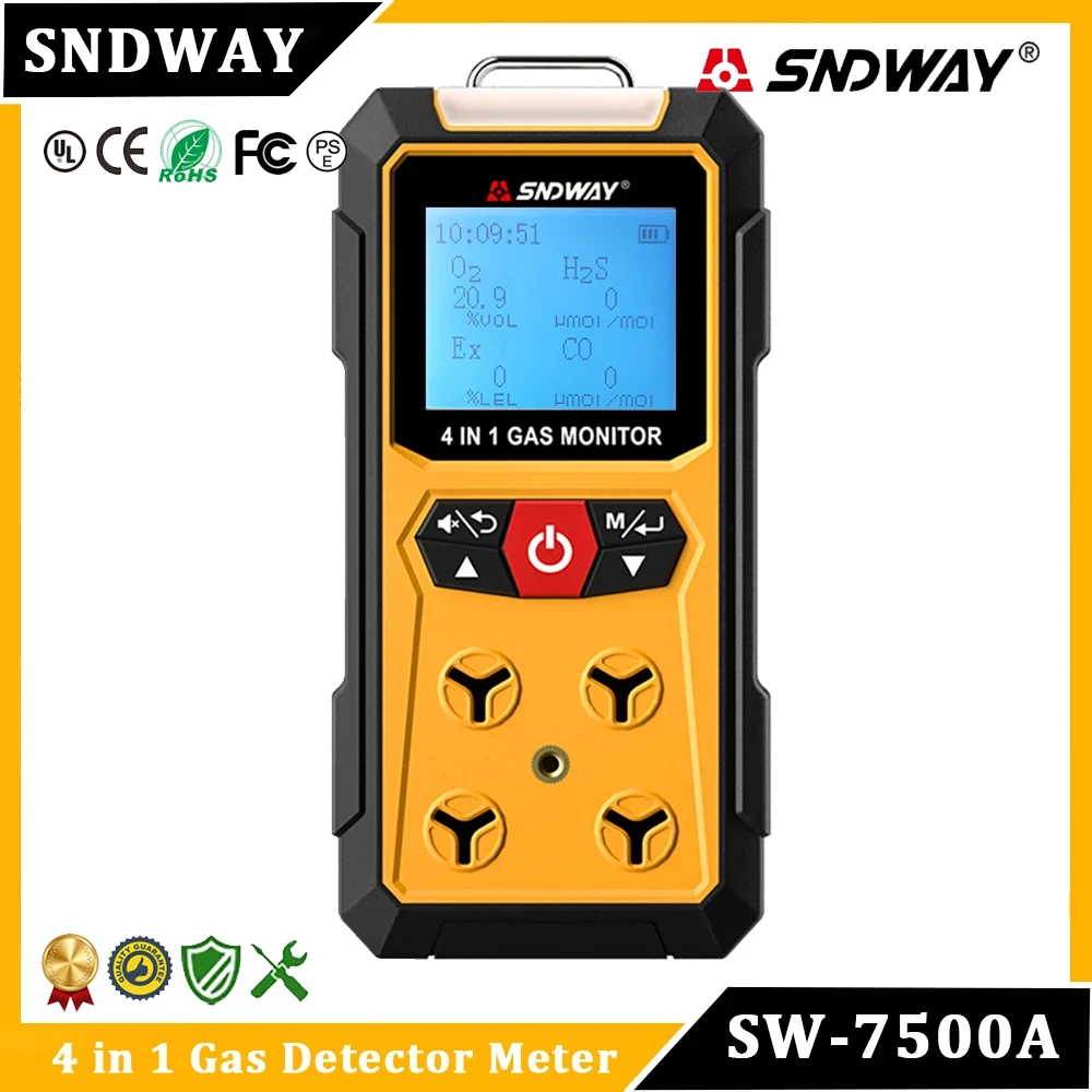 SNDWAY SW-7500A Gas Detector Meter 4 in 1 Oxygen O2 Carbon Monoxide CO H2S Ex Combustible Gas Analyzer Leak Detector