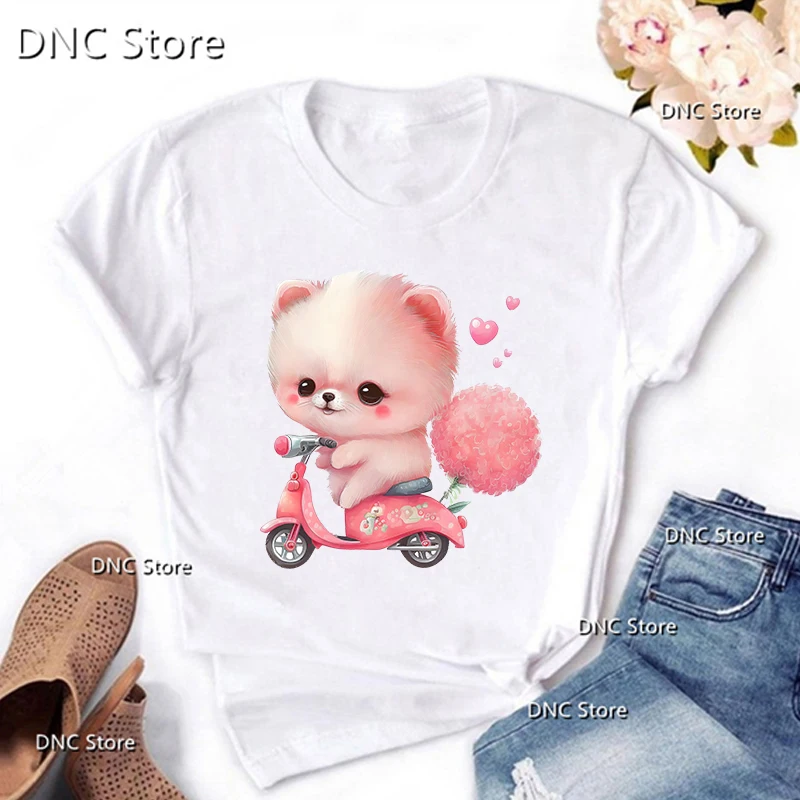 

New Summer Style T Shirt Women Funny Dogs Ride Electric Bikes, Ride Hot Air Balloons, Drink Coffee Graphic Prints Femme Tshirts